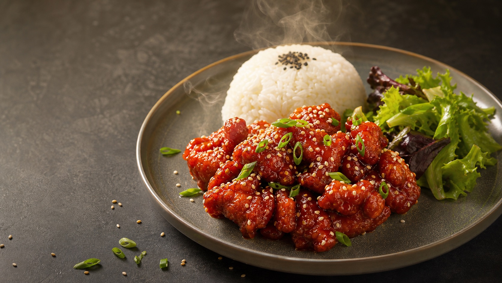 Glossy Korean fried chicken with steamed rice and salad