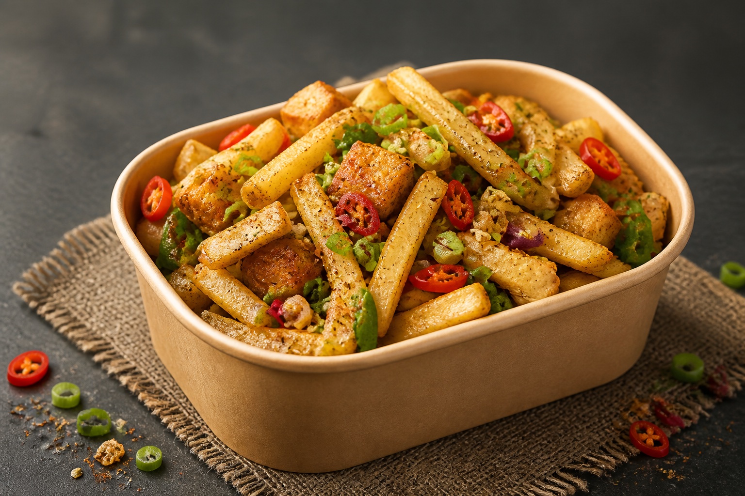 Salt and pepper fries with spring onions and chilli in a takeaway box